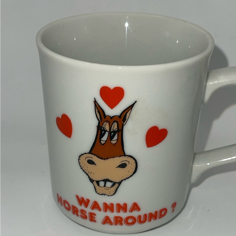 Vintage Contennova Japan, white White Mug with Red Hearts and horse Design